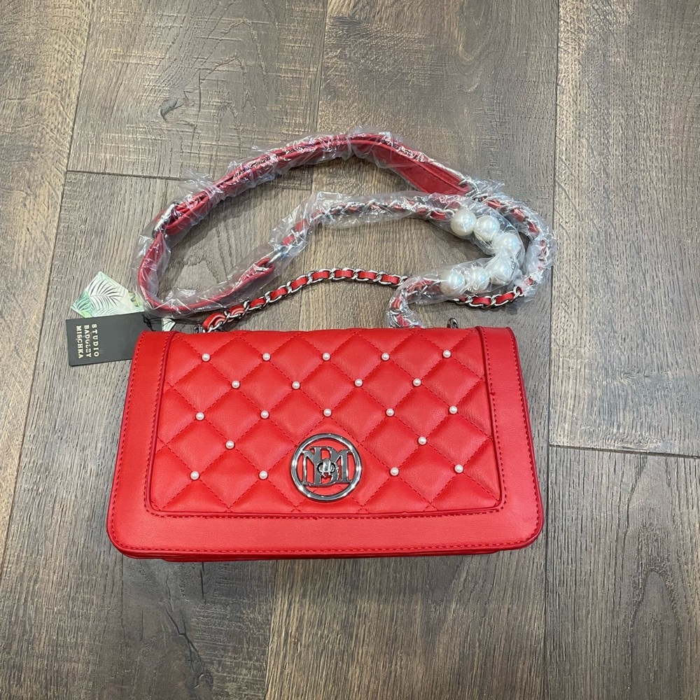 Badgley Mischka Red Cross Body with Pearls and Round Metal Lock - Picture 2 of 6